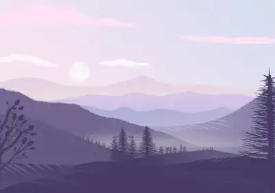 Schattige Landschaft mit Bergen und Bäumen im Dämmerlicht, ideal für Gartenzäune.