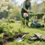 Rosen im Garten mit Rasenmäher im Hintergrund, Gartenpflege und -gestaltung im Frühling.