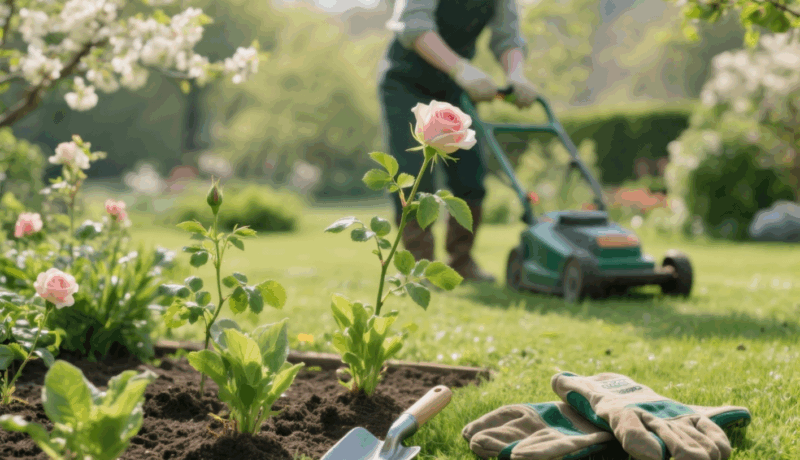 Rosen im Garten mit Rasenmäher im Hintergrund, Gartenpflege und -gestaltung im Frühling.