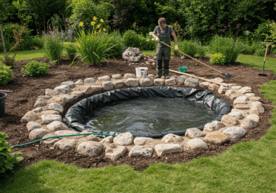 Pond mit umgebenden Steinen im Garten, bei der Teichgestaltung, naturnahes Gartendesign, Gartenpflege, Wasserelement.