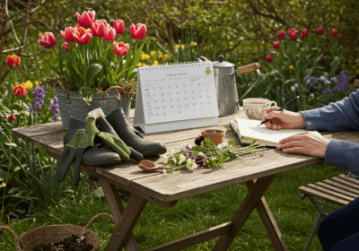 Gartenzaun, Gartenzubehör und Gartenarbeit im Blumenbeet – perfekte Gartengestaltung.