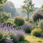 Blumen in einem gepflegten Garten mit bunter Pflanzenvielfalt und Zaun im Hintergrund.
