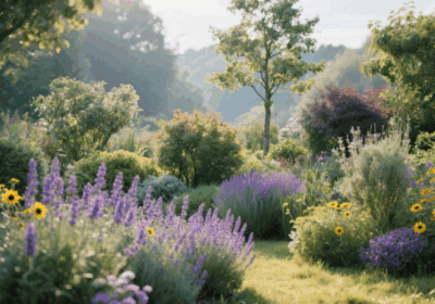 Blumen in einem gepflegten Garten mit bunter Pflanzenvielfalt und Zaun im Hintergrund.