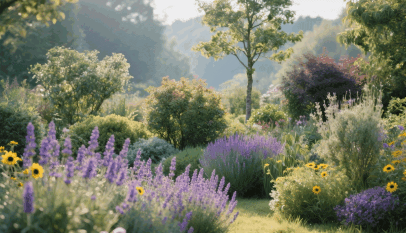 Blumen in einem gepflegten Garten mit bunter Pflanzenvielfalt und Zaun im Hintergrund.