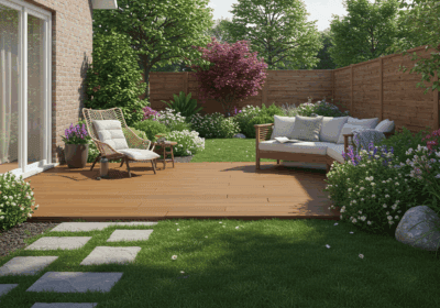 Hochwertiger Gartenzaun aus Holz, privates und stilvolles Gartendesign mit komfortabler Sitzecke.