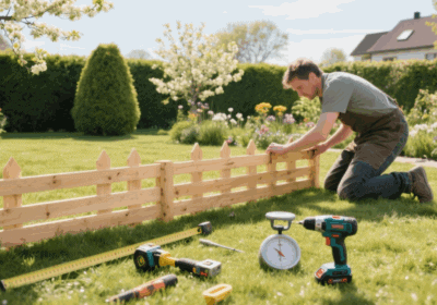 Gartenzaun bauen, natürlicher Holzzaun für Garten, handwerkliche Arbeiten, Gartengestaltung, DIY-Gartenzaun herstellen.