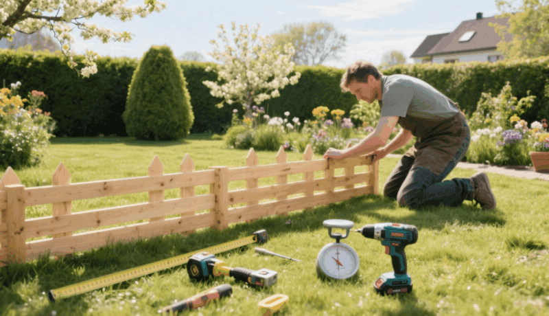 Gartenzaun bauen, natürlicher Holzzaun für Garten, handwerkliche Arbeiten, Gartengestaltung, DIY-Gartenzaun herstellen.