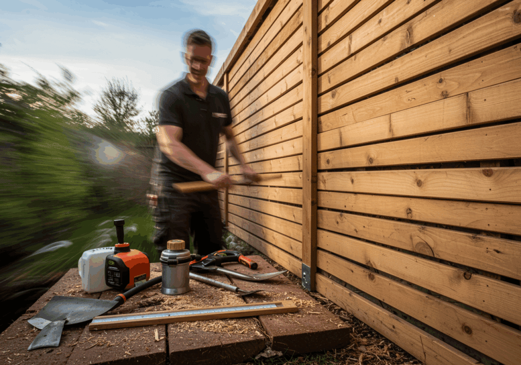 Gartenzaun aus Holz bei der Montage, handwerkliche Arbeit, Holzlatten, Zaunbau, DIY Gartenzaunprojekt.