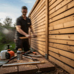 Gartenzaun aus Holz bei der Montage, handwerkliche Arbeit, Holzlatten, Zaunbau, DIY Gartenzaunprojekt.
