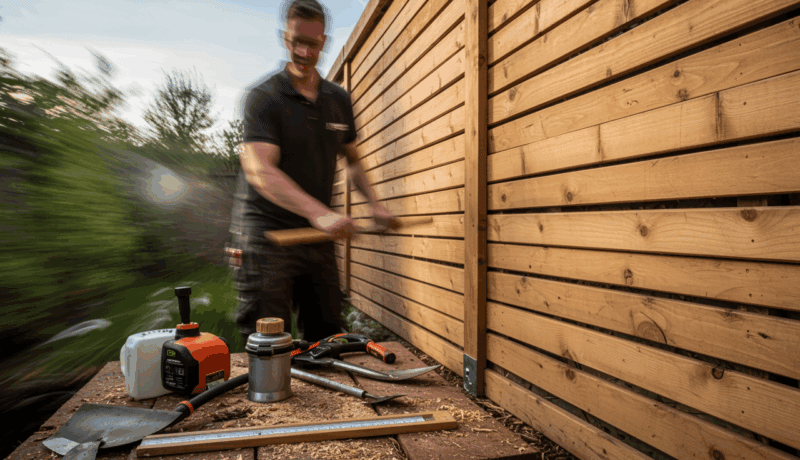 Gartenzaun aus Holz bei der Montage, handwerkliche Arbeit, Holzlatten, Zaunbau, DIY Gartenzaunprojekt.