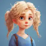 Blonde Mädchen aus Animation mit blauen Augen, fantasievoller Charakter, kindliches Gesicht, bunte Illustration, digital erstellt.