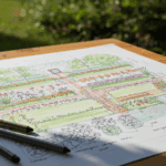 Bahnhofjahr Gartenplanung mit Skizze und Farbdruck, Gartenzaun Ideen, Gartendesign Vorlage, Naturgarten Konzept, Gartenarchitektur Plan, gartenzaun.org.