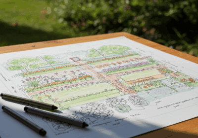 Bahnhofjahr Gartenplanung mit Skizze und Farbdruck, Gartenzaun Ideen, Gartendesign Vorlage, Naturgarten Konzept, Gartenarchitektur Plan, gartenzaun.org.
