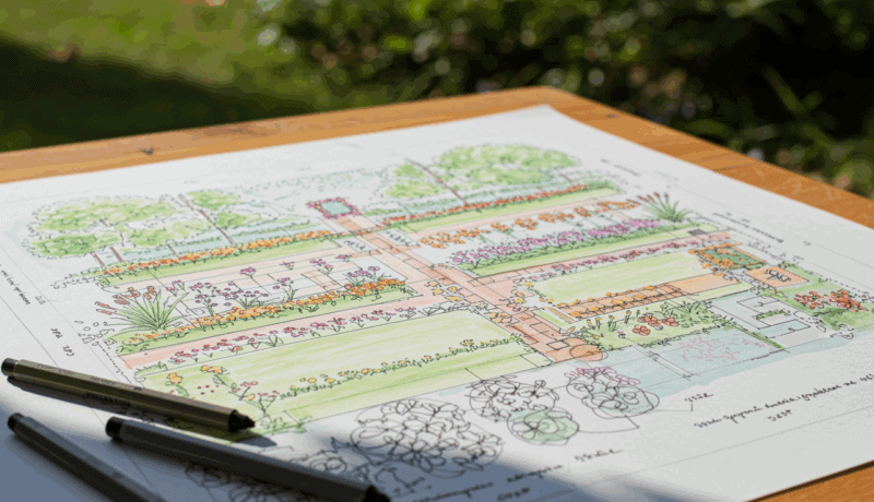 Bahnhofjahr Gartenplanung mit Skizze und Farbdruck, Gartenzaun Ideen, Gartendesign Vorlage, Naturgarten Konzept, Gartenarchitektur Plan, gartenzaun.org.