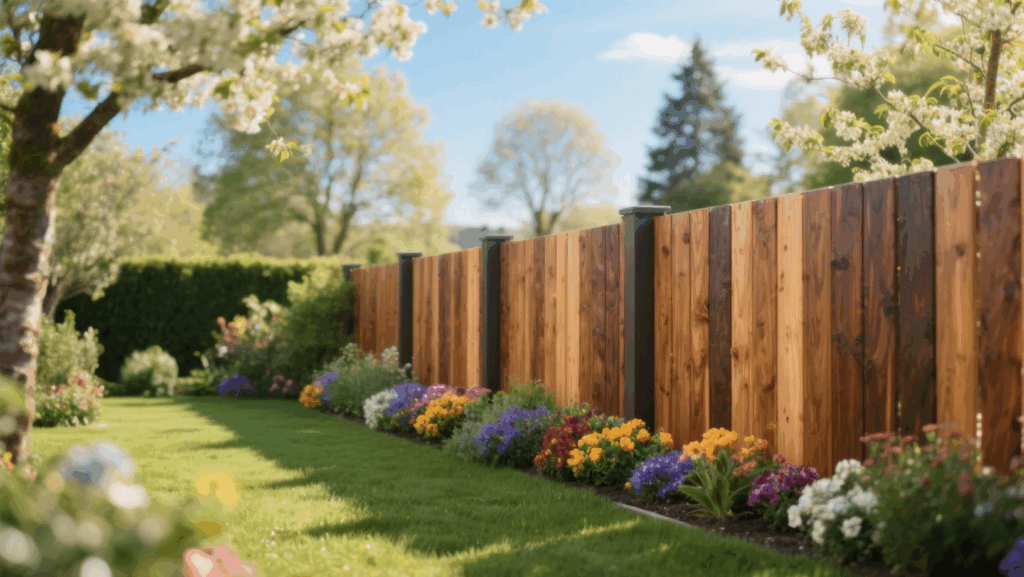 eleganten Gartenzaun aus verschiedenen Holzarten (Lärche, Douglasie, Eiche, Robinie)