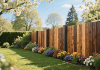 eleganten Gartenzaun aus verschiedenen Holzarten (Lärche, Douglasie, Eiche, Robinie)