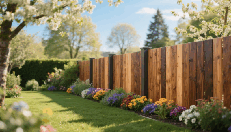 eleganten Gartenzaun aus verschiedenen Holzarten (Lärche, Douglasie, Eiche, Robinie)