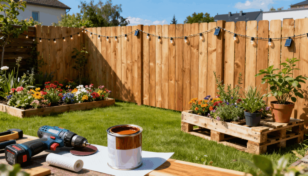 Ein sonniger Garten im Sommer mit einem selbstgebauten Gartenzaun aus Europaletten