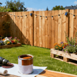 Ein sonniger Garten im Sommer mit einem selbstgebauten Gartenzaun aus Europaletten