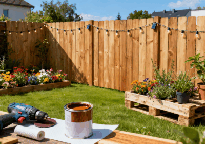 Ein sonniger Garten im Sommer mit einem selbstgebauten Gartenzaun aus Europaletten