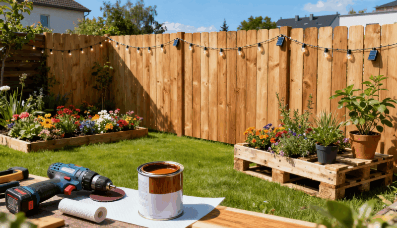 Ein sonniger Garten im Sommer mit einem selbstgebauten Gartenzaun aus Europaletten