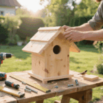 Stall für Vogelhaus aus Holz in Garten, Selbstbau, Handarbeit, DIY-Projekt, Gartendekoration, Naturschutz, Heimwerken.