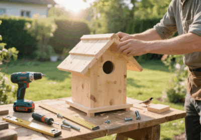 Stall für Vogelhaus aus Holz in Garten, Selbstbau, Handarbeit, DIY-Projekt, Gartendekoration, Naturschutz, Heimwerken.