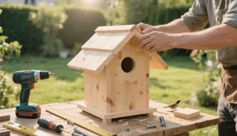 Stall für Vogelhaus aus Holz in Garten, Selbstbau, Handarbeit, DIY-Projekt, Gartendekoration, Naturschutz, Heimwerken.