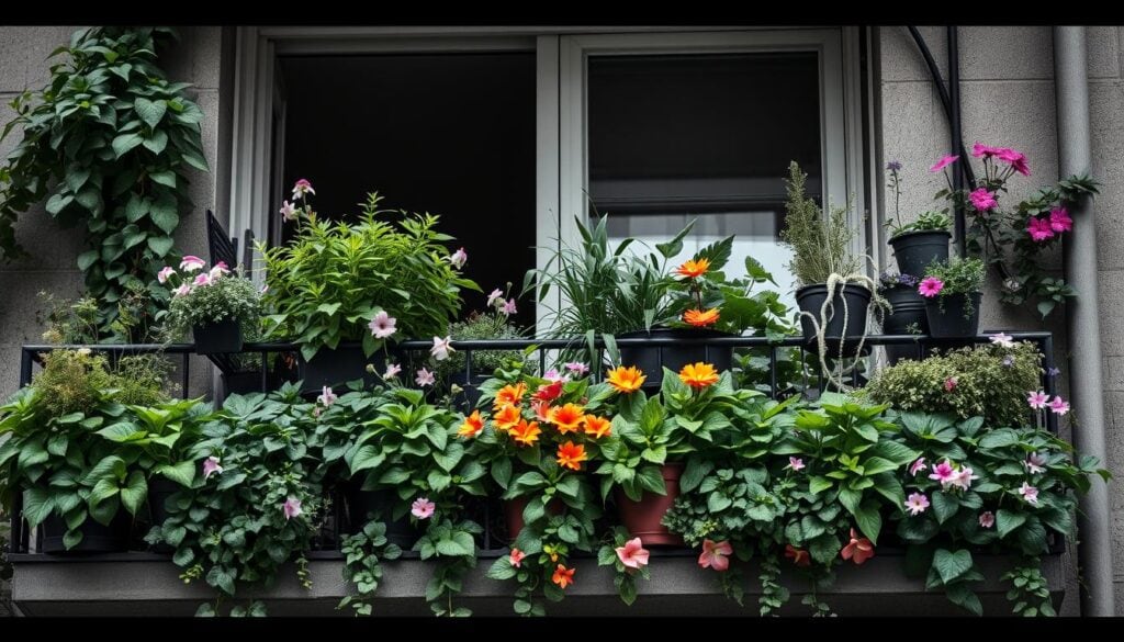 A balcony filled with thriving potted plants, their lush foliage cascading over the edges. Delicate flowers in vibrant hues punctuate the scene, adding pops of color against the muted tones. The plants are arranged in a harmonious, visually appealing layout, creating a serene and inviting atmosphere. The scene is captured in a moody, black and white palette, with subtle, selective colorization highlighting the greenery and blooms. The lighting is soft and diffused, casting gentle shadows and highlighting the textures of the plants. The overall composition conveys a sense of tranquility and connection with nature, perfect for illustrating the section on utilizing balconies for optimal garden coverage.