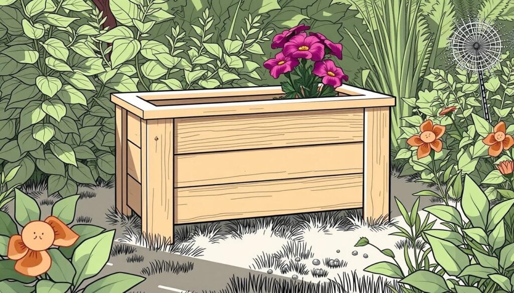 A carefully planned and constructed wooden planter box stands in a serene garden setting. The simple yet elegant design features clean lines and a natural wood finish, complementing the lush greenery surrounding it. Soft shadows and subtle highlights create a sense of depth and dimension, while selective pops of color from vibrant flowers add visual interest. The overall scene conveys a mood of tranquility and thoughtful preparation, reflecting the careful consideration of cost and time investment in the project. The planter box is depicted in a black and white illustration with strategic splashes of color, emphasizing the practical and budgetary aspects of the DIY gardening endeavor.