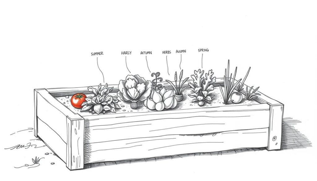 A carefully tended raised garden bed, its wooden frame outlined in a crisp monochrome sketch. Within, a detailed annual planting plan unfolds, with seasonal vegetables and herbs meticulously arranged. Delicate colored accents highlight key elements - a vibrant tomato in summer, a hardy kale in autumn, a whimsical radish in spring. The scene conveys a sense of ordered productivity, a blueprint for a thriving, year-round kitchen garden. Soft shadows and a minimalist aesthetic lend an air of studied simplicity, inviting the viewer to imagine themselves tending this well-organized hochbeet.