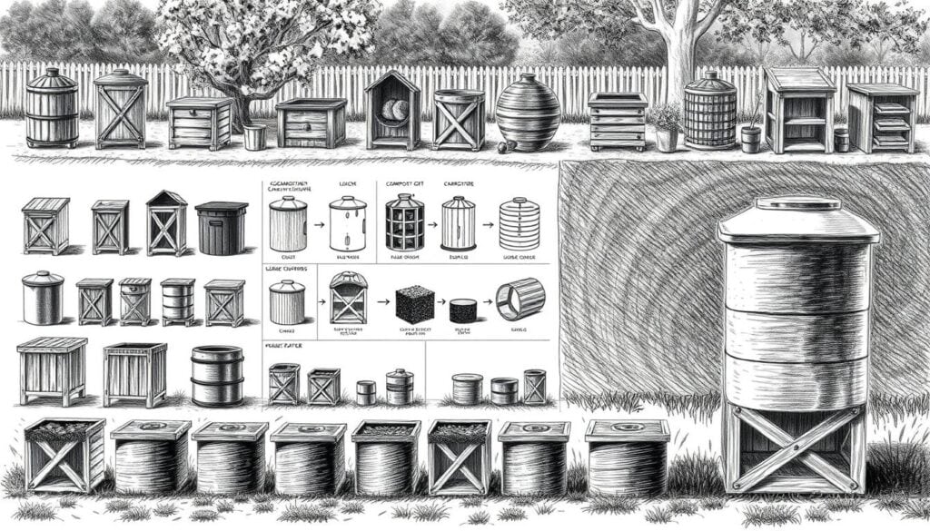 A comparative display of various composting systems, showcased in a technical illustration style. The foreground features a selection of composters, each with distinct designs and features, arranged in an orderly grid layout. The middle ground captures the process of composting, with cross-sectional diagrams highlighting the internal mechanisms and material flow. The background subtly hints at a serene garden setting, providing context for the practical application of these systems. Rendered in a muted palette of graphite blacks and grays, with selective pops of color accentuating key details, the image conveys a sense of technical precision and practical utility.
