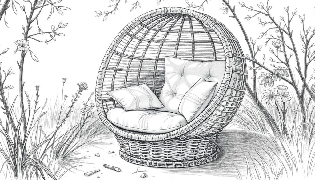 A cozy and inviting strandkorb, a traditional German beach chair, sits nestled in a serene natural setting. Its woven rattan frame and soft, neutral-toned cushions create a charming and rustic aesthetic. Delicate sunlight filters through the surrounding foliage, casting a warm, muted glow on the scene. The strandkorb is the focal point, its curved silhouette and distinctive design elements standing out against the muted, pencil-sketched background. Pops of color, perhaps from a vibrant floral arrangement or a subtle accent piece, add a touch of liveliness to the otherwise monochromatic composition. The overall mood is one of relaxation and quiet contemplation, inviting the viewer to imagine themselves enjoying this quintessential piece of German outdoor furniture.