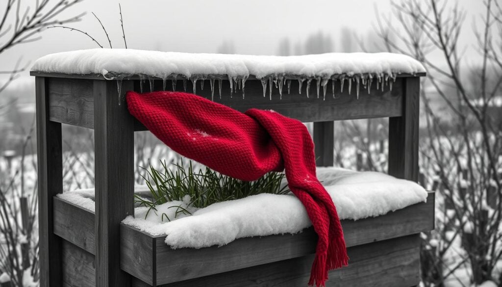 A cozy winter high-raised garden bed, its wooden frame adorned with a soft blanket of pristine white snow. Delicate icicles glisten on the edges, casting a serene, monochromatic glow. In the foreground, a vibrant splash of color - a vibrant red scarf, artfully draped over the frame, offering a protective layer against the frigid elements. Tufts of greenery peek out from beneath the snow, hinting at the life hidden within. The background is a hazy, muted landscape, with bare trees and a distant horizon, creating a sense of tranquility and isolation. The scene is captured in a moody, charcoal-like aesthetic, with the occasional pop of color adding depth and visual interest.