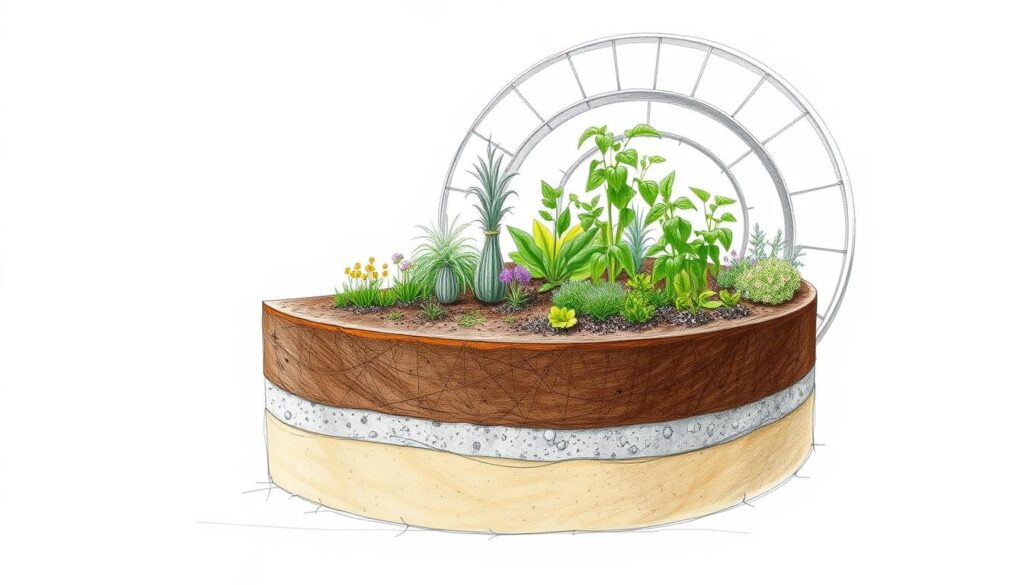 A cross-section of a well-designed herb spiral, showcasing the carefully layered substrates and moisture zones. In the foreground, a detailed rendering of the soil profile, with distinct layers of compost, sand, and gravel for optimal drainage. The middle ground depicts the intricate arrangement of plants, each situated in its ideal moisture zone, from the drier top tiers to the more humid lower levels. In the background, a softly-lit, architectural view of the spiral structure, rendered in a muted, pencil-sketch aesthetic with subtle pops of color highlighting key elements. The overall composition conveys a sense of balance, functionality, and the thoughtful interplay of materials and hydrology within a harmonious, natural system.