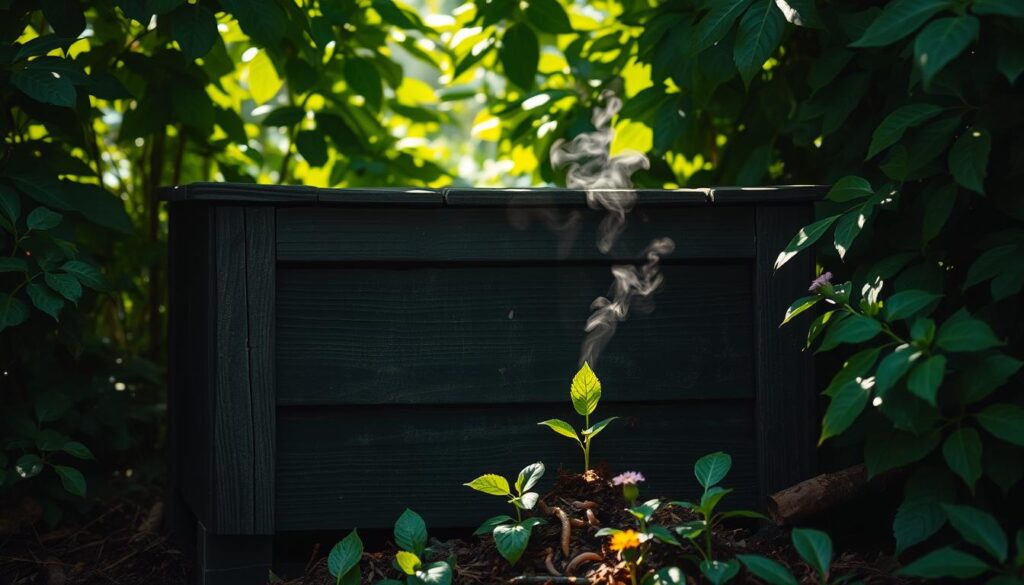 A dark, weathered wooden compost bin sits amidst lush, verdant foliage. Sunlight filters through the leaves, casting a soft, dappled glow. The bin's surface is marked with intricate textures, hinting at the decomposition process within. Wisps of steam rise from the pile, indicating the warmth and moisture essential for healthy composting. Scattered throughout the scene are subtle pops of color - a vibrant green leaf, a smattering of earthworms, a single wildflower peeking through. The overall atmosphere is one of tranquility and natural harmony, inviting the viewer to appreciate the delicate balance of the composting ecosystem.