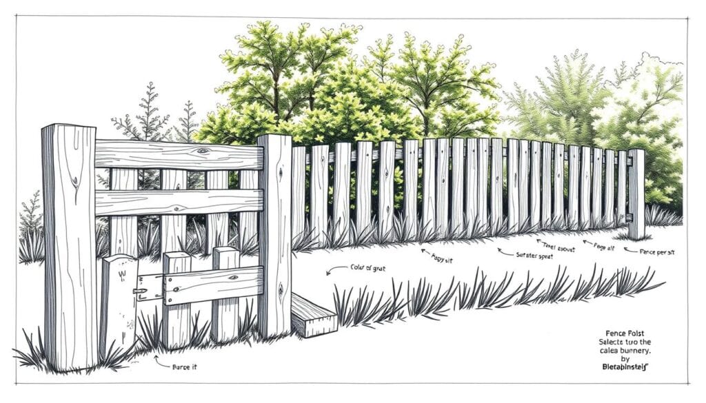 A detailed black and white blueprint-style illustration of a practical garden fence planning, highlighting key material selection tips. The foreground shows various fence post and board options, with color accents on important hardware components. The middle ground displays a partial fence layout with measurements, while the background depicts a lush, verdant garden setting to showcase the fence in context. Crisp shadows and a technical, engineering-inspired style convey the instructional nature of the image. Subtle textures and a restrained color palette reinforce the hand-drawn, sketchbook aesthetic. A detailed black and white blueprint-style illustration of a practical garden fence planning, highlighting key material selection tips. The foreground shows various fence post and board options, with color accents on important hardware components. The middle ground displays a partial fence layout with measurements, while the background depicts a lush, verdant garden setting to showcase the fence in context. Crisp shadows and a technical, engineering-inspired style convey the instructional nature of the image. Subtle textures and a restrained color palette reinforce the hand-drawn, sketchbook aesthetic.