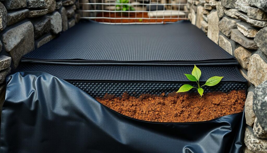 A detailed cross-section of a layered garden bed, with stone walls rising on either side. In the foreground, a sheet of black pond liner cascades down, its surface reflecting the muted tones of the scene. Midground, a layer of dimpled black plastic sheeting, textured to provide insulation and drainage. Towards the back, a barrier of galvanized wire mesh emerges, its subtle metallic sheen contrasting with the earthy tones. The overall composition has a muted, technical aesthetic, with just a few carefully placed splashes of color - perhaps a vibrant green leaf or a splash of rust on the wire. Lit from an angle to accentuate the layered textures, the image conveys a sense of considered, functional design.