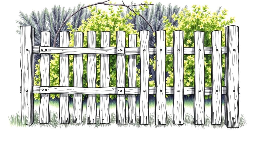 A detailed, hand-sketched illustration of a wooden fence, showcasing the construction process step-by-step. The foreground depicts the primary components: sturdy wooden posts, horizontal rails, and vertically aligned wooden slats. The middle ground highlights the assembly, with a focus on the joinery techniques, such as mortise and tenon joints. The background features a lush, verdant garden setting, providing context and a natural backdrop. The overall aesthetic is a charcoal-like black and white rendering, with selective pops of color accentuating specific details, like the grain of the wood or the texture of the materials. The lighting is soft and directional, casting subtle shadows that emphasize the depth and dimensionality of the scene. The composition is balanced, guiding the viewer's eye through the step-by-step construction process of the "Holzzaun selber bauen" project.