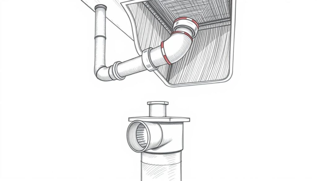 A detailed illustration of a "fallrohr regensammler" with a clean, technical aesthetic. The foreground depicts the rain gutter's downspout, seamlessly transitioning into the water collector below. Precise linework captures the cylindrical shape and hardware fittings, while subtle color accents highlight key components. The middle ground showcases the collector's connection to the gutter, emphasizing the smooth integration. In the background, a minimalist setting allows the subject to take center stage, captured in a high-contrast, pencil-sketch style with muted tones that complement the overall design.