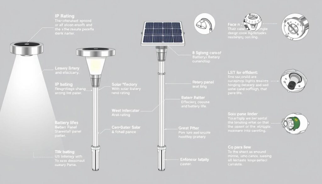 A detailed illustration of a solar garden light, showcasing its key components and features. The image should depict the light in a clean, technical style, with a focus on clarity and precision. Render the light in a monochromatic palette, with subtle pops of color to highlight specific elements like the solar panel, battery, or light source. Capture the light from various angles, emphasizing the practical aspects that a consumer would consider when making a purchase, such as the IP rating, battery life, and solar panel efficiency. Convey a sense of thoughtful design and quality craftsmanship to help the viewer make an informed decision.
