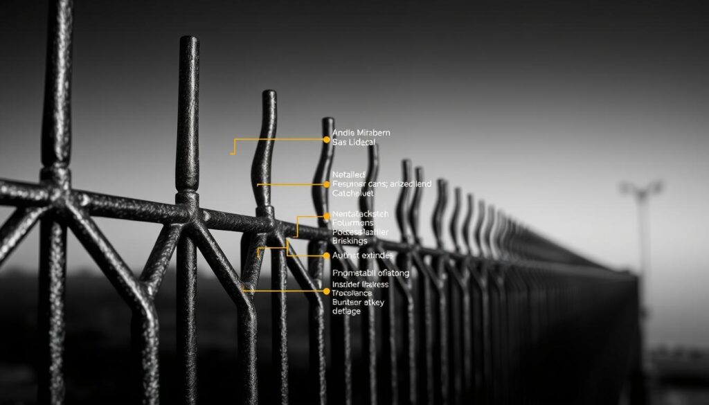 A detailed metallzaun (metal fence) with a focus on its price factors, rendered in a stark black and white palette with selective color accents. The foreground showcases the intricate metalwork, with its sleek lines and sturdy construction. The middle ground highlights the various components that contribute to the overall cost, such as the types of metals used, the manufacturing process, and the installation requirements. In the background, a subtle gradient evokes the broader context of the "Metallzaun: Stabil & modern" article, suggesting the versatility and modern aesthetic of these fences. The overall mood is one of precision, functionality, and a touch of industrial elegance.