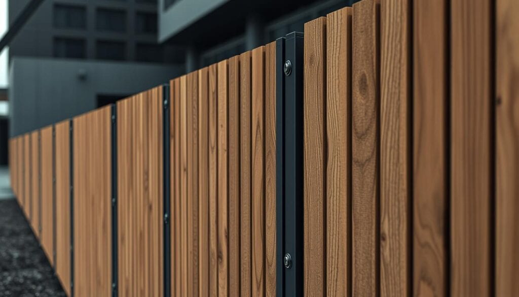 A detailed rendering of a Groja prefabricated fence in muted tones, captured with a sharp focus and dramatic lighting. The fence panels are precisely delineated, showcasing the intricate woodgrain textures and sleek, modern design. In the foreground, a closeup view highlights the metal hardware and fasteners, rendered in stark contrast. The middle ground offers a wider perspective, revealing the seamless integration of the fence sections. The background suggests a minimalist, urban setting, allowing the fence to take center stage. The overall aesthetic is a carefully balanced composition, with selective pops of color strategically placed to draw the eye. This image serves to illustrate the exceptional craftsmanship and attention to detail that defines the Groja prefabricated fence system. A detailed rendering of a Groja prefabricated fence in muted tones, captured with a sharp focus and dramatic lighting. The fence panels are precisely delineated, showcasing the intricate woodgrain textures and sleek, modern design. In the foreground, a closeup view highlights the metal hardware and fasteners, rendered in stark contrast. The middle ground offers a wider perspective, revealing the seamless integration of the fence sections. The background suggests a minimalist, urban setting, allowing the fence to take center stage. The overall aesthetic is a carefully balanced composition, with selective pops of color strategically placed to draw the eye. This image serves to illustrate the exceptional craftsmanship and attention to detail that defines the Groja prefabricated fence system.