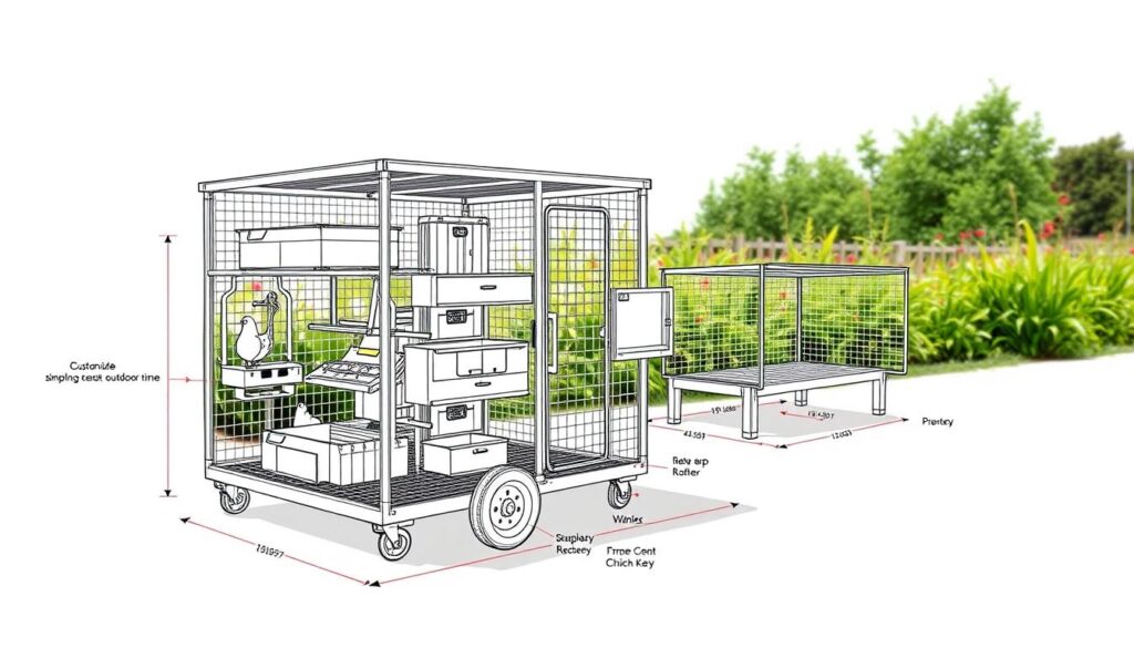 A detailed, step-by-step blueprint for a compact, mobile chicken coop, sketched in stark black-and-white with pops of color. A minimalist wireframe structure in the foreground, with a variety of customizable chicken nesting boxes, ramps, and roosting bars. In the middle ground, a simple slatted run for the birds to enjoy supervised outdoor time. A verdant, lush garden in the background, hinting at the ideal setting for this self-contained, eco-friendly chicken sanctuary. Crisp, clean lines and a focus on functional simplicity evoke the DIY spirit of this homemade poultry shelter.