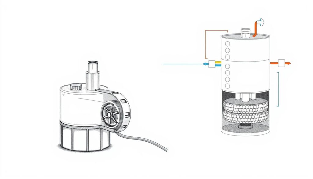 A detailed technical illustration depicting the essential components of a garden pond filtration system. In the foreground, a high-contrast pencil sketch of a compact submersible water pump, its impeller mechanism visible through a transparent housing. The middle ground showcases a large, cylindrical canister filter with intricate internal baffles and media layers, rendered in precise grayscale. In the background, a simplified diagram of the water circulation path, with colorful accents highlighting the intake, output, and fluid dynamics. The overall aesthetic evokes an engineering schematic, emphasizing the functional aspects of the pond's technical infrastructure with a focus on efficiency and water quality.