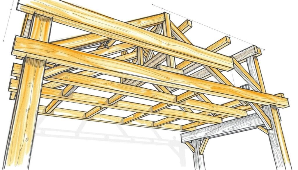 A detailed technical illustration of a wooden pergola construction, showcasing the montage of crossbeams and roof structure. Rendered in crisp black-and-white pencil strokes with selective pops of color highlighting key architectural elements. The scene depicts the structural framework from a slightly elevated angle, emphasizing the intricate joinery and geometric patterns of the beams. Shadows and perspective lines guide the viewer's eye through the composition, creating a sense of depth and dimensionality. The overall mood is one of precision, functionality, and meticulous craftsmanship, befitting the DIY instructions for assembling this outdoor living structure.