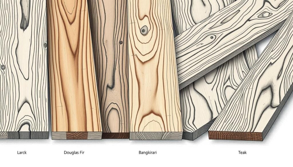 A detailed, textured illustration showcasing a variety of high-quality hardwood species commonly used for outdoor decking and terraces. Prominently featured are the distinctive grains and natural coloring of larch, Douglas fir, bangkirai, teak, and thermally modified wood, rendered in a muted, graphite-based palette with strategic pops of color to highlight key features. The composition emphasizes the intricate patterns and organic character of these premium timber materials, captured from varying angles and perspectives to provide a comprehensive visual reference. Crisp lighting and clean, technical linework lend an authoritative, technical style befitting an educational guide on proper wood deck maintenance.
