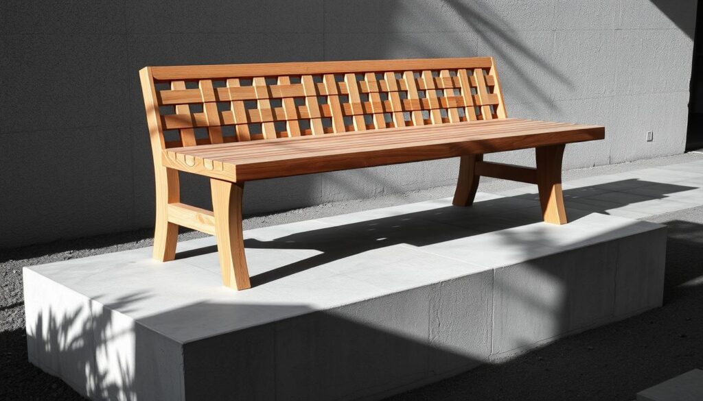 A finely crafted Douglasie wood bench, its slender latticed planks arranged in a sleek L-shaped design, sits atop a sturdy concrete base. Warm tones of the natural wood contrast against the cool grey of the concrete, creating a sophisticated harmony. Soft shadows dance across the surfaces, accentuating the intricate textures. The scene is captured in a minimalist black and white palette, with subtle pops of color highlighting the organic grain patterns and the smooth, polished finish. The resulting image conveys a sense of modern, rustic elegance that would perfectly complement the "Gartenbank selber bauen" article and its "Variante B: Gartenbank mit L-Steinen und Douglasie-Latten" section.