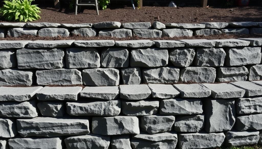A finely crafted stone retaining wall, meticulously laid in a sturdy, stepped pattern, forms the foundation of a striking raised garden bed. The monochromatic palette of charcoal grays and earthy tones is punctuated by the occasional burst of vibrant color, perhaps a lush green plant or a splash of terracotta. The scene is bathed in soft, natural lighting, casting subtle shadows that accentuate the textural interplay of the stones. The overall composition exudes a sense of rugged, yet refined, craftsmanship, perfectly suited to illustrate the process of constructing a stone-based raised garden bed.