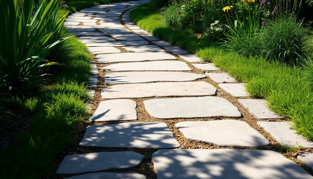 A garden path winds through the lush greenery, its gentle slope carefully measured to ensure proper water drainage. The smooth, natural stones underfoot reflect the muted tones of the surrounding landscape, with subtle hints of color peeking through. Crisp shadows and highlights play across the path, guiding the viewer's eye through the serene scene. A sense of balance and tranquility pervades the image, inviting the viewer to explore the well-designed garden pathway.